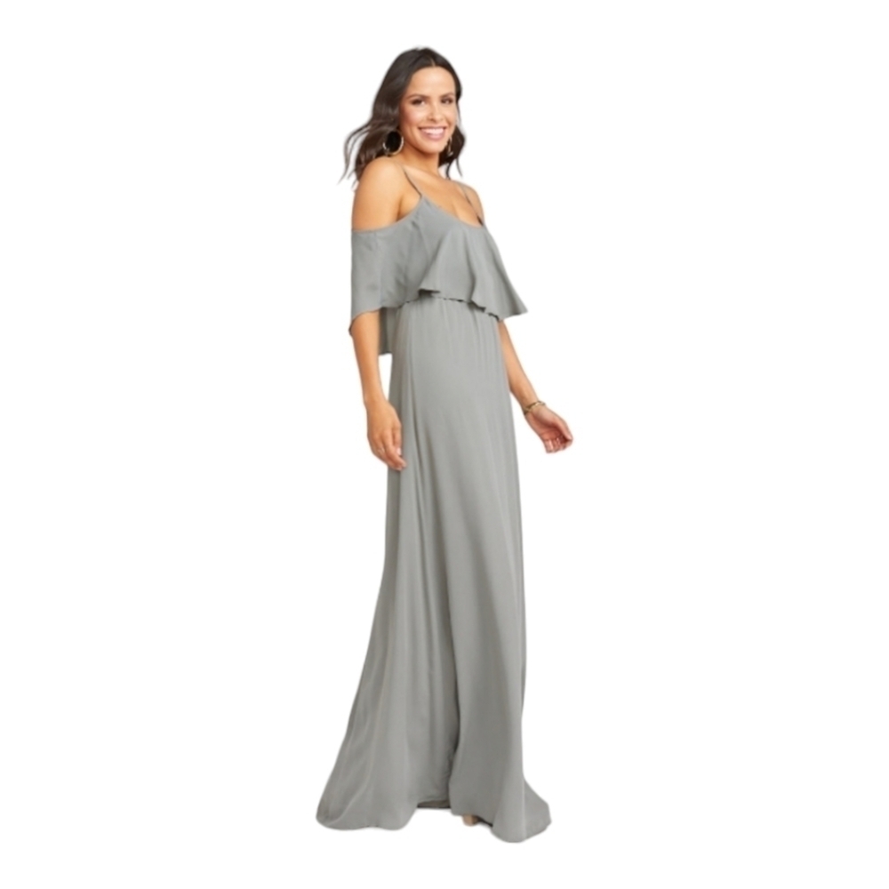 Show Me Your MuMu Caitlin Ruffle Cold Shoulder Maxi Dress in Dove Grey - Picture 2 of 5